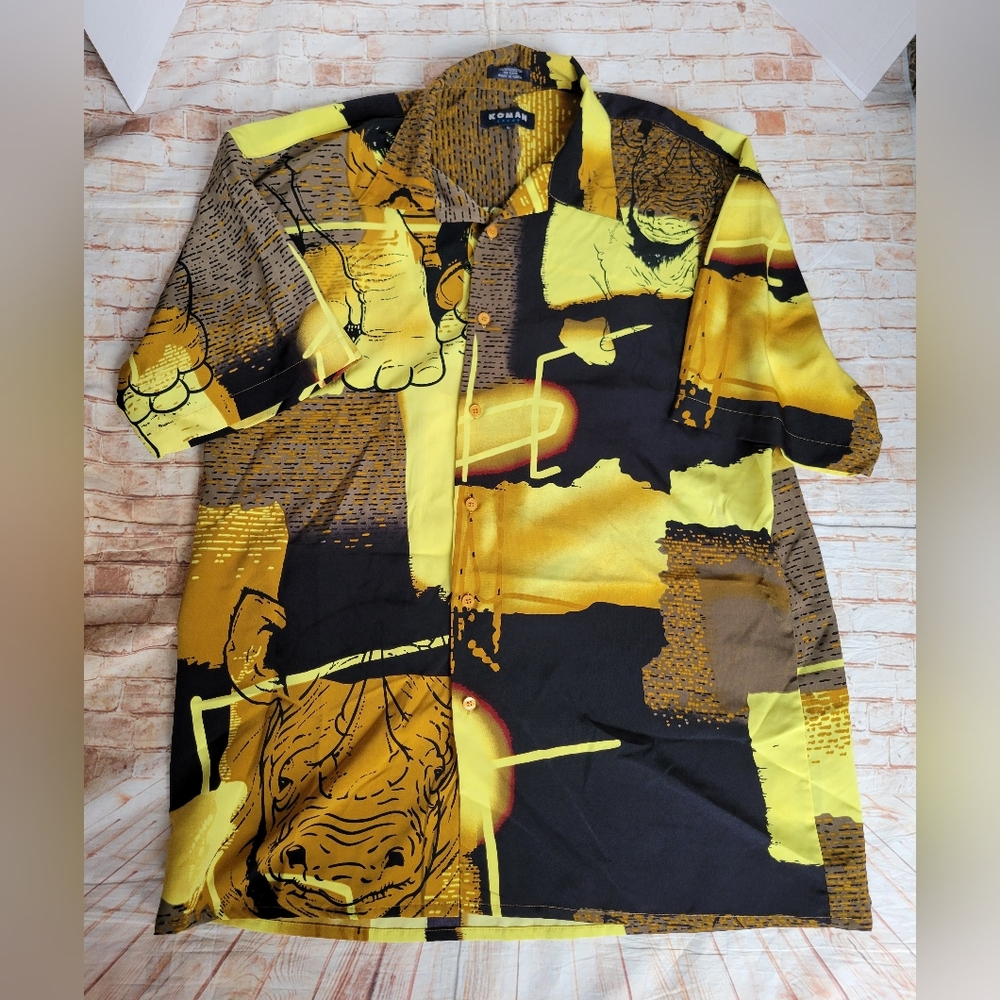 Vintage Koman Sport Shirt Men L Black Geometric Hawaiian Turtle 90s Y2K